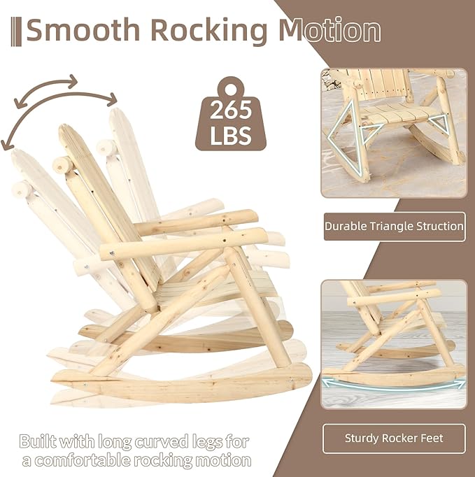 5-Piece Outdoor Log Wood Rocking Set, Rustic Wooden Conversation Set Including 2-Seater Loveseat, 2 Coffee Tables, 2 Log Rocker Chairs, Patio Furniture Chair Set for Garden, Lawn Yard, Natural