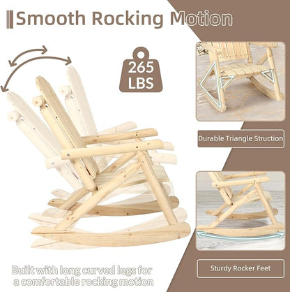 5-Piece Outdoor Log Wood Rocking Set, Rustic Wooden Conversation Set Including 2-Seater Loveseat, 2 Coffee Tables, 2 Log Rocker Chairs, Patio Furniture Chair Set for Garden, Lawn Yard, Natural