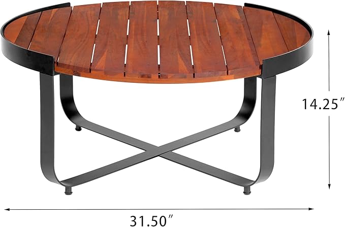 Christopher Knight Home Dolly Outdoor Round Coffee Table, Slat Panel Coffee Table, Acacia Wood and Metal Frame, Cross Metal Leg Support, Wooden Side Desk for Backyard Balcony Garden, Mahogany