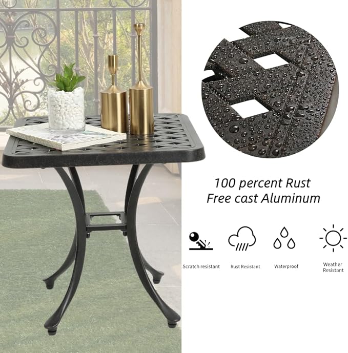 Patio Side Table, Cast Aluminum Square Outdoor Coffee Table for Backyard Garden or Balcony (Antique Brass)