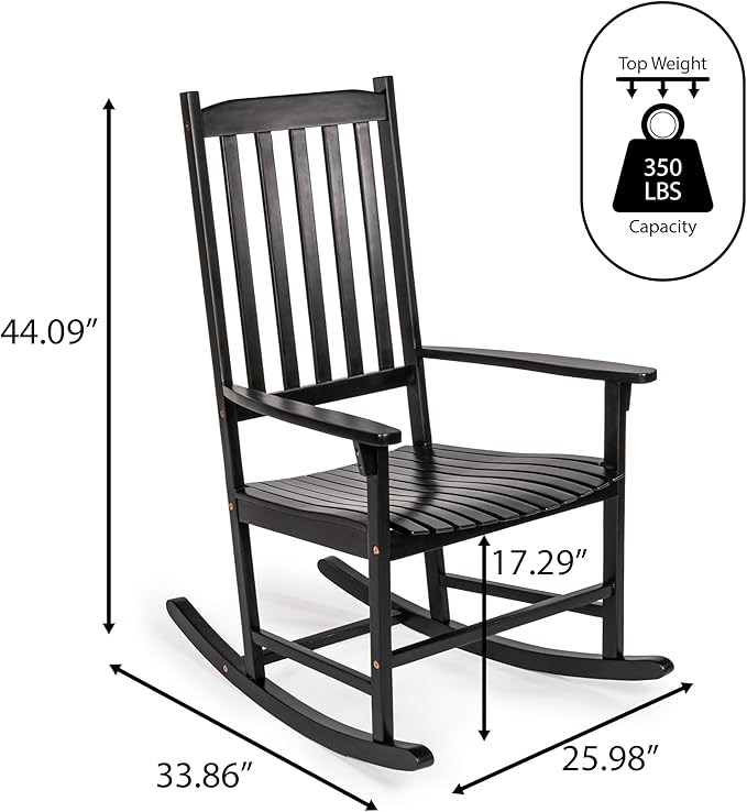 Eyely KCR300E Orvindar Farmhouse Classic Slat-Back 350-LBS Support Acacia Wood Outdoor Rocking Chair, Black
