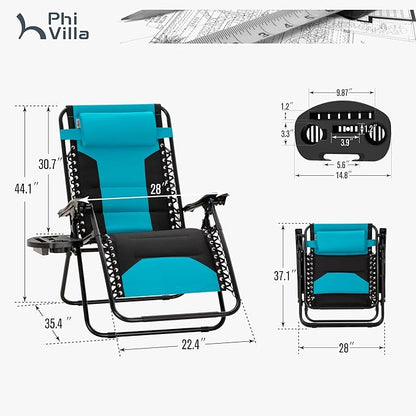 PHI VILLA Zero Gravity Chair Set of 2, Padded Anti Gravity Recliner, Oversized 28" Wide Seat, Foldable Patio Lounger with Armrest & Cup Holder, Supports 400 LBS (Aqua)