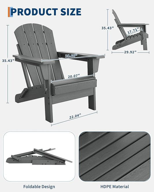 GarveeLife Folding Adirondack Chairs Set of 4, HDPE Plastic Outdoor Chairs with Wood Texture - 380 LBS & Weather Resistant for Fire Pit, Deck, Patio, Pool, Backyard - Gray