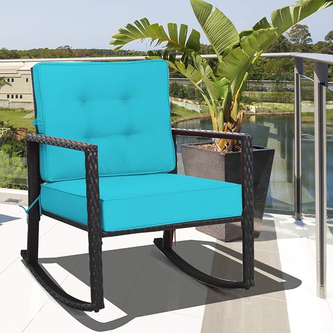 HAPPYGRILL Wicker Rocking Chair, Outdoor Patio Glider Chair with Heavy-Duty Frame, Thick Cushion, Rattan Rocking Chair for Backyard Garden Porch