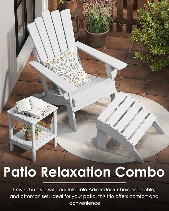 GREENVINES Folding-Adirondack-Chairs-Set-of-2 | HDPE Plastic | Throne Series | Fire Pit Chair | All Weather | for Outdoor Patio Deck Backyard Poolside | White