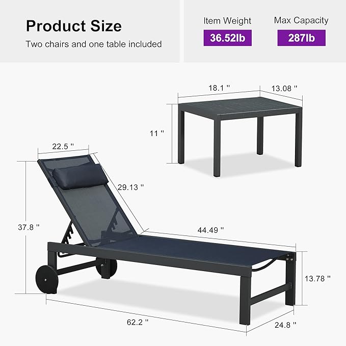 PURPLE LEAF Patio Lounge Chair Set of 3 Outdoor Chaise Lounger Aluminum Frame with Side Table and Wheels for Pool - Photo 8