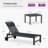 PURPLE LEAF Patio Lounge Chair Set of 3 Outdoor Chaise Lounger Aluminum Frame with Side Table and Wheels for Pool - Photo 8