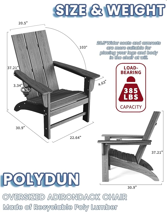 Modern Adirondack Chair, HDPE Plastic Patio Chairs for All Weather, Fire Pit Chair, Outdoor Lawn Chairs for Deck, Porch, Backyard, Garden, Slate Gray