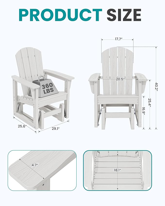 SERWALL Outdoor Glider Chair, HDPE Patio Glider Rocker All-Weather Porch Glider for Outside, White - Photo 3