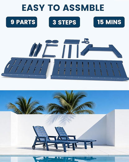FOOWIN Chaise Lounge Chair Set of 2，HDPE Lounge Chair Outdoor with 5 Positions,Oversized Pool Lounge Chairs with Rolling Wheels & Cup Holder for Poolside Deck Backyard,Blue