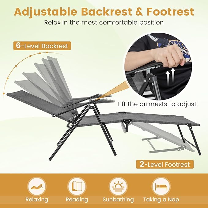 Tangkula Outdoor Lounge Chairs Set of 2, Patio Folding Chaise Recliner with 6-Level Backrest - Photo 5