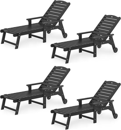 LUE BONA Lounge Chair Outdoor Set of 4, HDPS Chaise Lounge Outdoor with Wheels, 5 Positions Adjustable Pool Lounger Chairs for Outside, Patio, Deck, Black