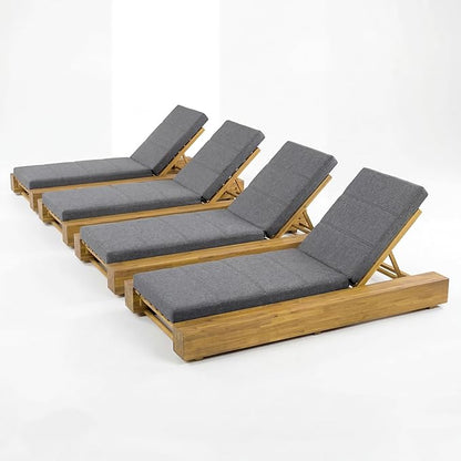 Christopher Knight Home Tory Acacia Wood Chaise Lounge Chair Outdoor Set of 4, Poolside Sun Lounger Recliner, Patio Outdoor Chaise Lounge with Cushions, Adjustable Backrest Lounge Sofa, Grey+Teak