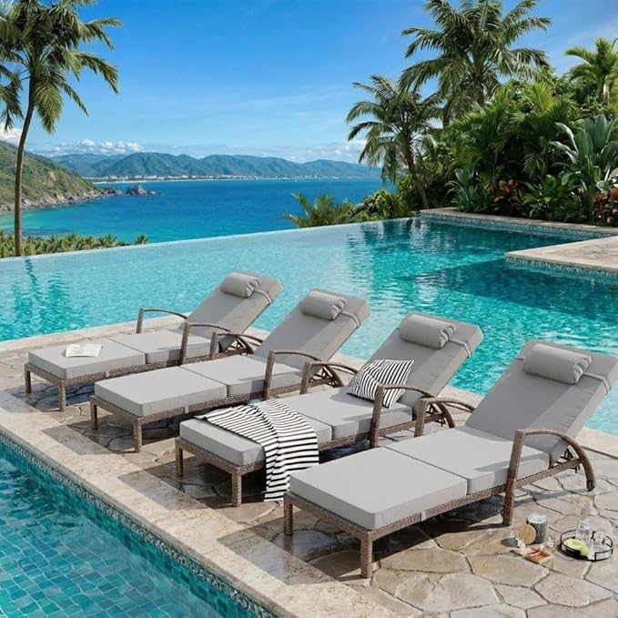 GarveeLife Outdoor Wicker Chaise Lounge Chair with Cushion, Metal Frame Patio Reclining Lounge Bed, All-Weather Rattan Sun Lounger for Poolside, Garden, Backyard & Balcony,Brown Wicker, Gray Cushion