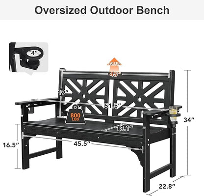 Oversized Outdoor Bench Set of 2, 51.5” HDPE Aesthetic Garden Bench with Cup Holders, Memorial Benches - Easy Assembly & All Weather, for Porch & Patio, 800lbs Load Capacity (Black)