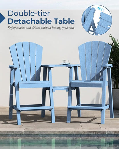 Ciokea Tall Adirondack Chairs Set of 2, HDPE Outdoor Adirondack Bar Stools with Double Connecting Tray, Weather Resistant High Back Adirondack Balcony Chairs for Deck, Lawn, Pool, Backyard, Baby Blue