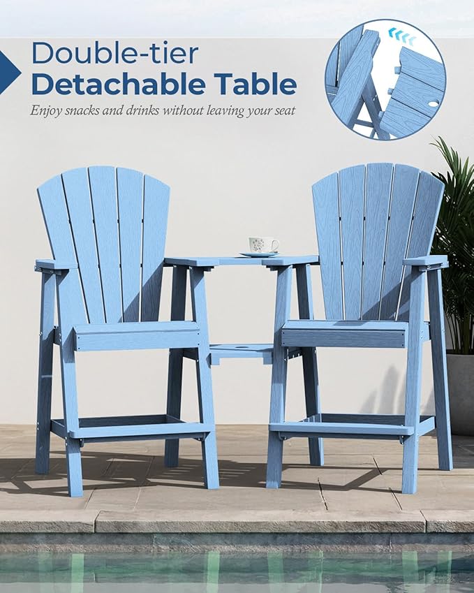 Ciokea Tall Adirondack Chairs Set of 4, HDPE Outdoor Adirondack Bar Stools with Double Connecting Tray, Weather Resistant High Back Adirondack Balcony Chairs for Deck, Lawn, Pool, Backyard, Baby Blue