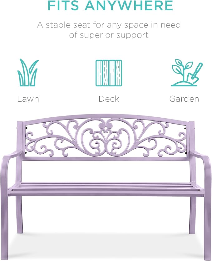Best Choice Products Outdoor Bench Steel Garden Patio Porch Furniture for Lawn, Park, Deck w/Floral Design Backrest - Photo 3