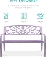 Best Choice Products Outdoor Bench Steel Garden Patio Porch Furniture for Lawn, Park, Deck w/Floral Design Backrest - Photo 3