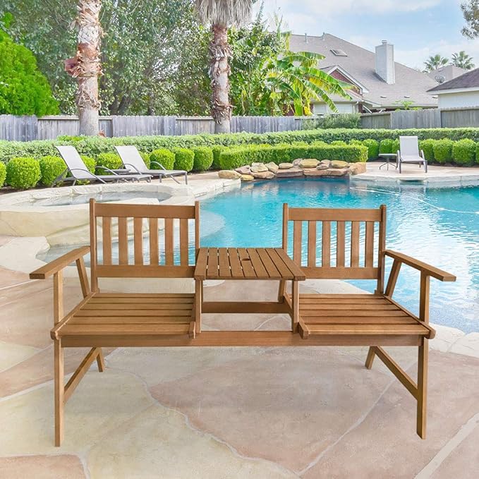 FDW Outdoor Patio Bench Wood Garden Bench Park Bench Acacia Wood with Table for Pool Beach Backyard Balcony Porch Deck - Photo 2