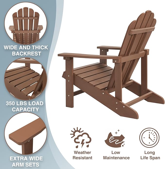 Adirondack Chairs Weather Resistant, Patio Firepit Chair, Sturdy Outside Chairs, Lawn Chairs, Easy Assembly 350lb, for Outdoor Patio Yard
