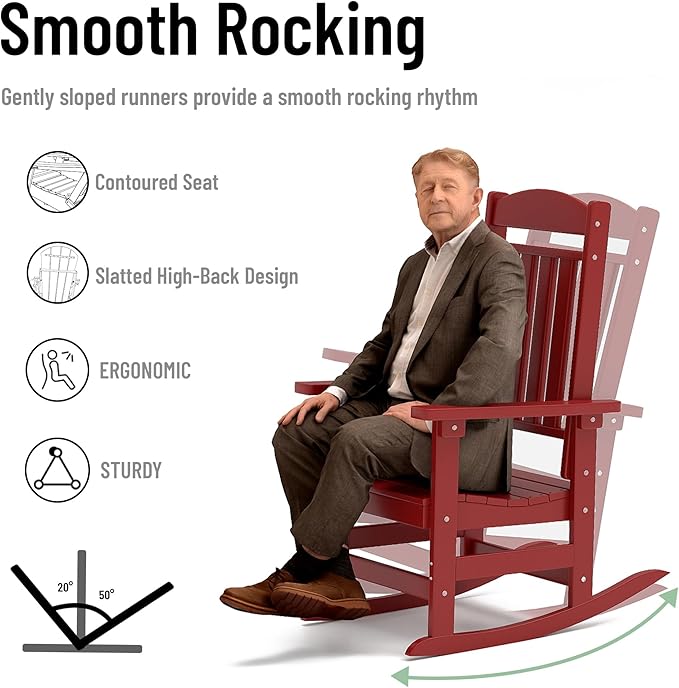 Outdoor Rocking Chairs Set of 6, Oversized High Back Patio Rocking Chairs, All Weather Porch Rocking Chairs for Outside. Red