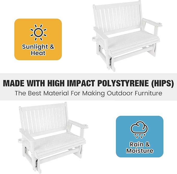 HIPS Patio Glider with Cup Holders, Durable Poly Lumber Material, All-Weather Resistant - Photo 5