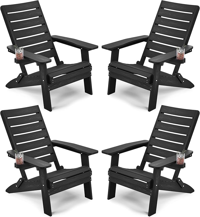 YEFU Adirondack Chair, Folding Adirondack Chairs Set of 4 with Arc Back & Cup Holder, Weather Resistant Plastic Oversized Chair for Outdoor Patio Lawn Garden Backyard Deck Fire Pit, Black