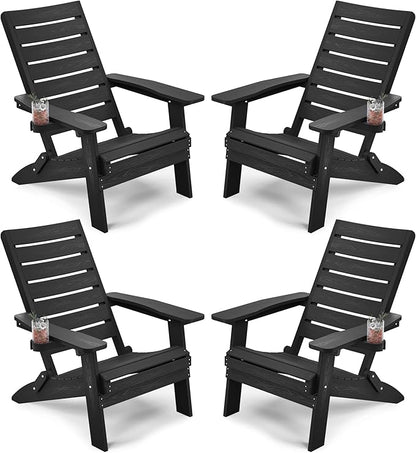 YEFU Adirondack Chair, Folding Adirondack Chairs Set of 4 with Arc Back & Cup Holder, Weather Resistant Plastic Oversized Chair for Outdoor Patio Lawn Garden Backyard Deck Fire Pit, Black