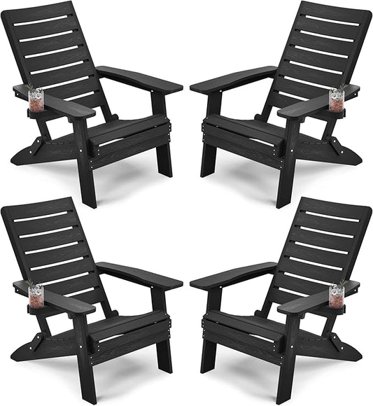 YEFU Adirondack Chair, Folding Adirondack Chairs Set of 4 with Arc Back & Cup Holder, Weather Resistant Plastic Oversized Chair for Outdoor Patio Lawn Garden Backyard Deck Fire Pit, Black