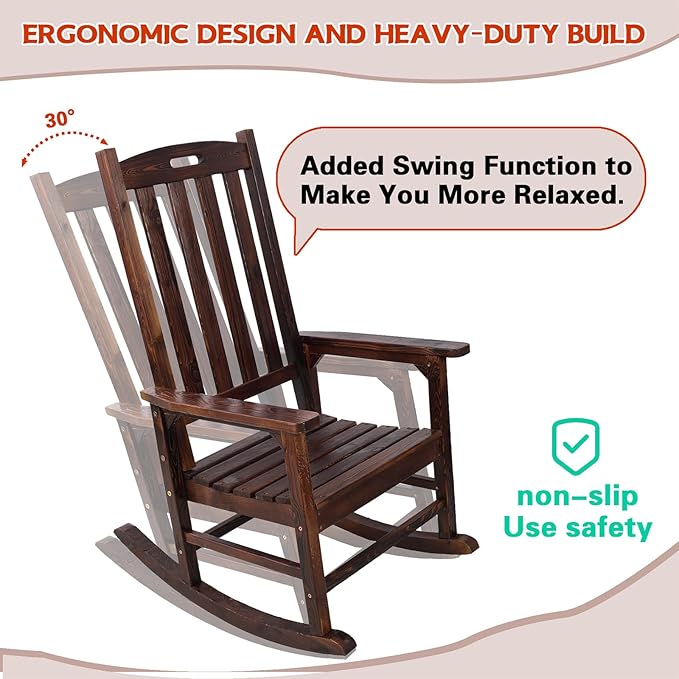 Wooden Rocking Chair Outdoor, Ergonomic High Back Patio Rocking Chairs, Porch Rocker for Backyard/Lawn/Patio/Garden/Balcony/FirePit/Indoor (Brown-1)