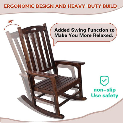 Wooden Rocking Chair Outdoor, Ergonomic High Back Patio Rocking Chairs, Porch Rocker for Backyard/Lawn/Patio/Garden/Balcony/FirePit/Indoor (Brown-1)