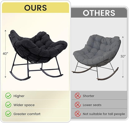 Kromax Oversized Outdoor Papasan Rocking Chair, Wicker Egg Chair Rocker for Outside, Comfy Patio Rocker, Large Indoor Rocking Recliner, Modern Egg Style, Black