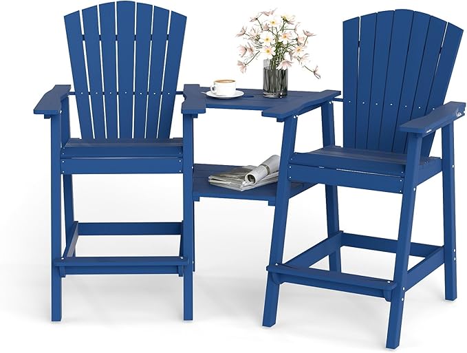 Tall Adirondack Chairs Set of 2, HDPE Outdoor Adirondack Chairs with Double Connecting Tray, Bar Height High Back Patio Chairs for Balcony, Deck, Backyard (Navy Blue, 2-PC Bar Chair Set)