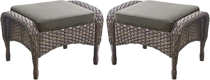 Outdoor Ottomans Patio Footrest Set of 2 - High Back Comfortable Brown Wicker Rattan Steel Frame Footstool Additional Bench Side Table for Porch Balcony Deck Garden Poolside - Grey