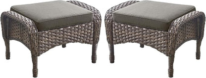 Outdoor Ottomans Patio Footrest Set of 2 - High Back Comfortable Brown Wicker Rattan Steel Frame Footstool Additional Bench Side Table for Porch Balcony Deck Garden Poolside - Grey