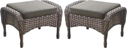 Outdoor Ottomans Patio Footrest Set of 2 - High Back Comfortable Brown Wicker Rattan Steel Frame Footstool Additional Bench Side Table for Porch Balcony Deck Garden Poolside - Grey