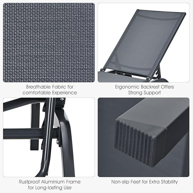 Tangkula 2 Pieces Outdoor Aluminum Chaise Lounge, Patio Lounge Recliner Chair w/6 Adjustable Backrest, Reclining Chaise Chair with Wheels for Beach, Yard, Balcony, Poolside (2, Gray)