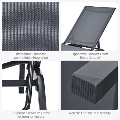 Tangkula 2 Pieces Outdoor Aluminum Chaise Lounge, Patio Lounge Recliner Chair w/6 Adjustable Backrest, Reclining Chaise Chair with Wheels for Beach, Yard, Balcony, Poolside (2, Gray)