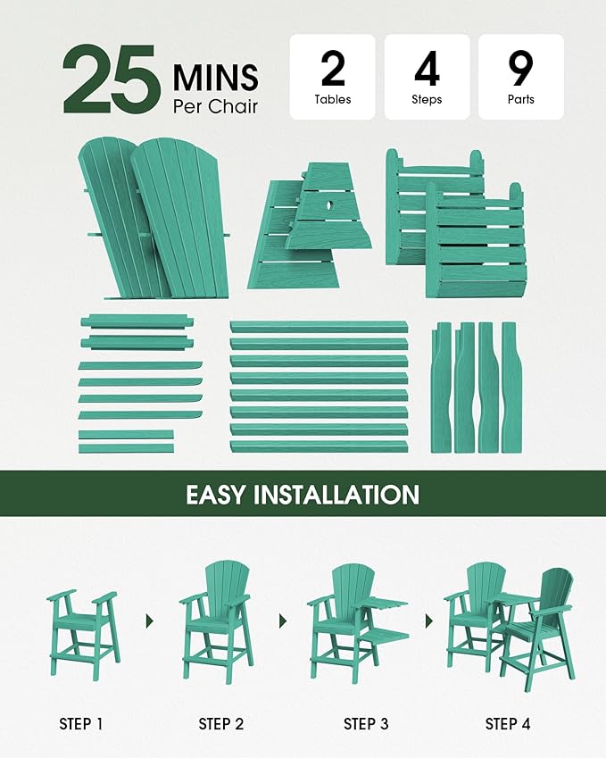 Tall Adirondack Chairs Set of 4, HDPE High Adirondack Chairs with Double Removable Trays, All Weather Outdoor Barstools for Patio, Balcony, Backyard, Deck and Garden, Lakeblue