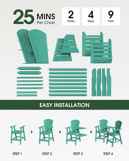 Tall Adirondack Chairs Set of 2, HDPE High Adirondack Chairs with Double Removable Trays, All Weather Outdoor Barstools for Patio, Balcony, Backyard, Deck and Garden, Lakeblue