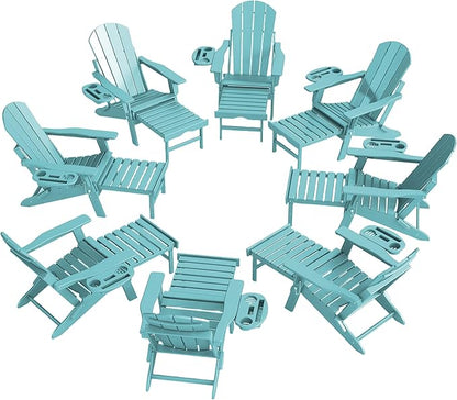 FOOWIN Adirondack Chair with Retractable Ottoman,HDPE Folding Adjustable Adirondack Chair w/4 in 1 Cup Holder Trays,All-Weather Resistant Fire Pit Chair for Outdoor Patio Lawn Set of 8