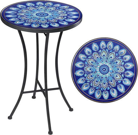 Vipush Mosaic Outdoor Side Table, 14" Round Folding Plant Stand for Patio Garden Backyard Balcony Porch Indoor Accent End Table for Living Room, Ceramic Tabletop with Black Iron, Blue Feather
