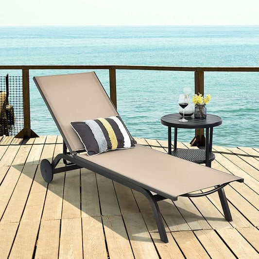 Tangkula Outdoor Aluminum Chaise Lounge, Patio Lounge Recliner Chair w/6 Adjustable Backrest, Reclining Chaise Chair with Wheels for Beach, Yard, Balcony, Poolside (1, Brown)