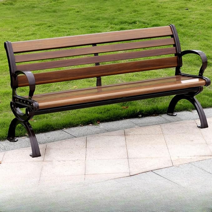 LITFAD Outdoor Bench Modern Park Bench with Corrosion Resistant Metal Frame, Dark Brown Wooden Seating with Backrest, Garden Bench for Patio, Lawn, Yard, Porch - Type G, 71" L x 23.5" W x 31" H