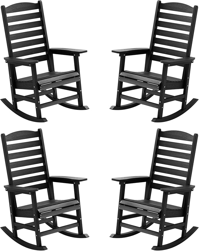 YEFU Outdoor Rocking Chair Set of 4,Poly Porch Rocker with Curved Backrest,All Weather Patio Rocking Chair,Like Real Wood,for Indoor,Lawn, Backyard,Garden,Heavy Duty,Weight Capacity 380lbs(Black)