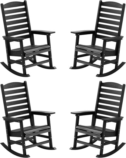 YEFU Outdoor Rocking Chair Set of 4,Poly Porch Rocker with Curved Backrest,All Weather Patio Rocking Chair,Like Real Wood,for Indoor,Lawn, Backyard,Garden,Heavy Duty,Weight Capacity 380lbs(Black)