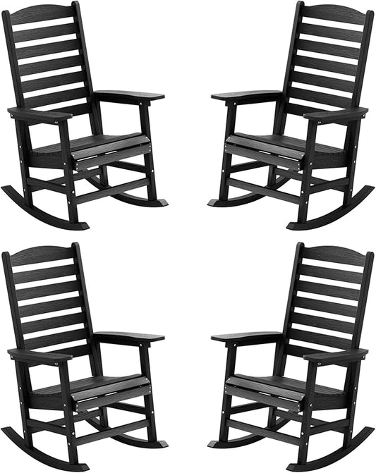YEFU Outdoor Rocking Chair Set of 4,Poly Porch Rocker with Curved Backrest,All Weather Patio Rocking Chair,Like Real Wood,for Indoor,Lawn, Backyard,Garden,Heavy Duty,Weight Capacity 380lbs(Black)