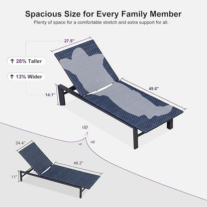 PURPLE LEAF Oversize Patio Wicker Chaise Lounge 2 Piece, Aluminum Outdoor Pool Lounge Chair with Adjustment Backrest, Breathable Lounger Sunbath Tanning Recliner for Poolside, Garden, Navy Blue