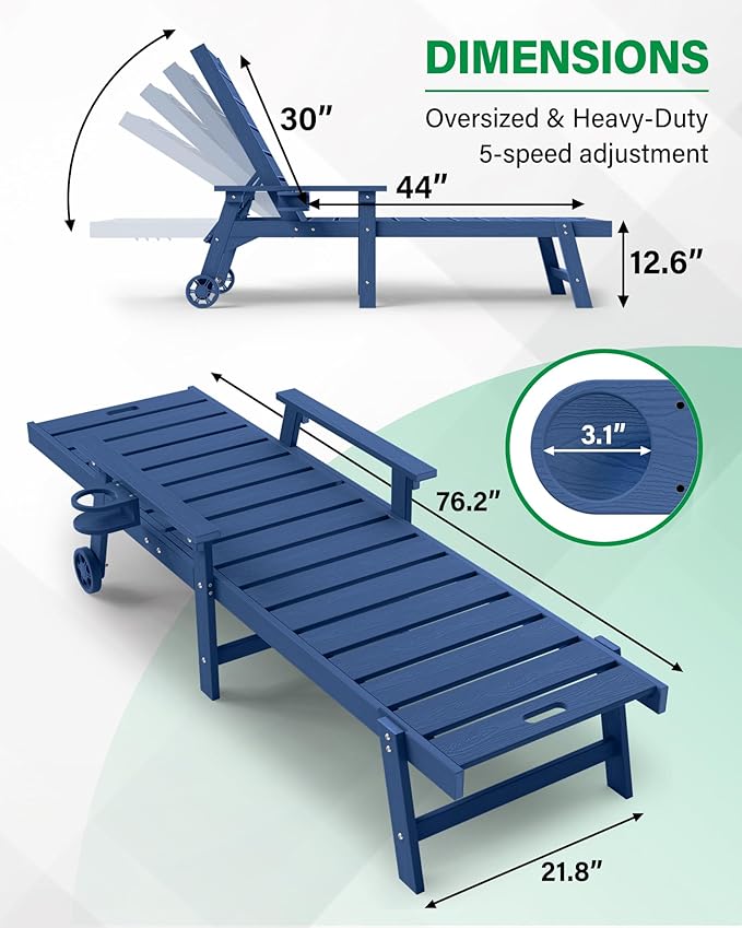 YEFU Lounge Chair Outdoor Chaise: Outdoor Chaise Lounge with 5-Level Adjustable Backrest, Cup Holders & Wheels, All-Weather Resistance Chaise Lounge for Outside/Patio/Beach/Deck, Navy Blue